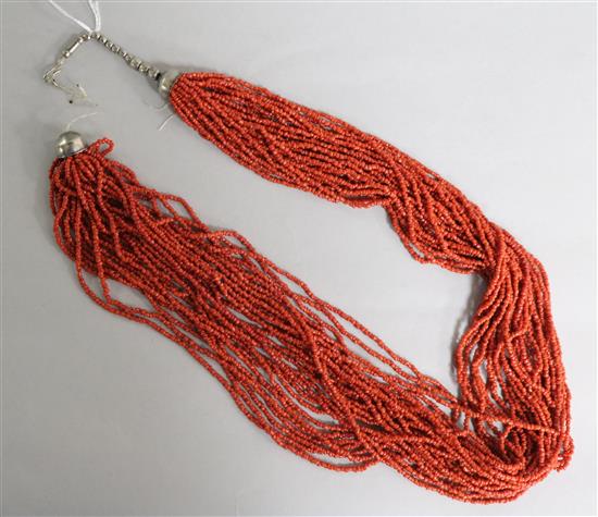 A multi strand coral bead necklace, 60cm.
